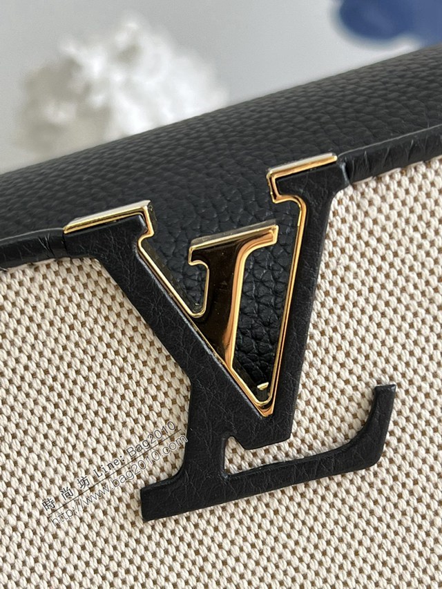 LV專櫃2023新款Capucines BB手袋 M48865黑拼帆布刺繡 路易威登Capucines搭蓋手提肩背女包 dn1126